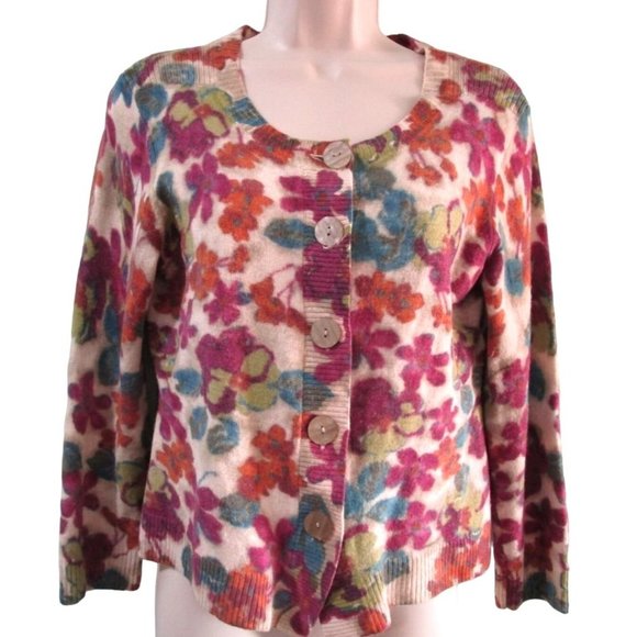 J Jill Floral Fall Colors Wool Blend Sweater Button Up Round Neck Ladies Sz M - Picture 1 of 16